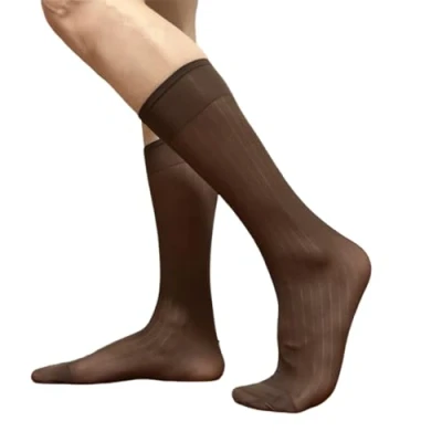 Image of YUZIMEI Men Socks, Mens Nylon Sheer Suit Socks Business Dress Elastic Wide Striped See Through Formal Over the Calf Stockings brown