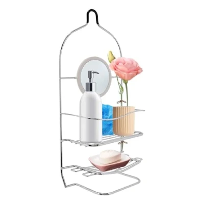 Image of ASAB Bathroom Shower Caddy with Mirror Chrome Organiser Easy to Clean Stand Corner Rack Storage Strong Plated Iron Wire Rust Resistant Toiletries