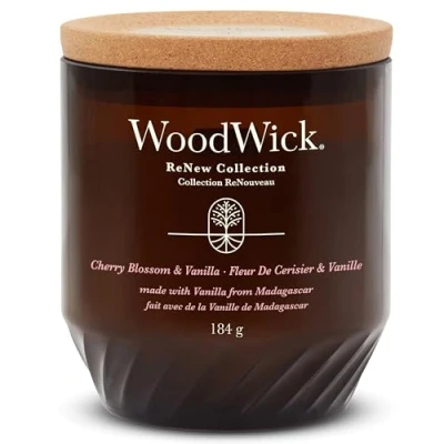 Image of WoodWick Renew Scented Candle with Crackling Wick Cherry Blossom &amp; Vanilla Medium Plant Based Soy Coconut Wax Blend Made Recycled Materials Perfect Gifts for Women