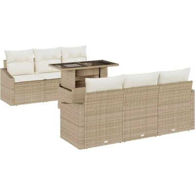 Image of vidaXL 7 Piece Garden Sofa Set with Cushions Beige Poly Rattan