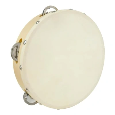 Image of A Star 8 Inch/20cm Handheld Headed Wooden Tambourine, Traditional Single Metal Jingle Bell Row Natural Head Pack of 10