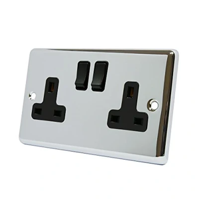 Image of AET CPC2GSOCBL Polished Chrome Classical 2 Gang Black Insert Plastic Rocker Switches 13 Amp Double Plug Socket