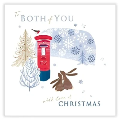 Image of Both of You Christmas Card Hares and Winter Post Box Contemporary Festive Design Special Finish Made in the UK Eco Friendly