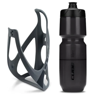 Image of Cube HPP Cage Matt Grey/Black &amp; Icon Bottle Black, 750ml / Water Drink Flask Vessel Bidon Holder Mount Bracket Kit Lightweight Plastic Drinking Hydration Biking Bike Riding Frame Accessories