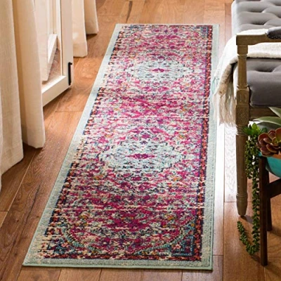 Image of SAFAVIEH Modern Chic Rug for Living Room, Dining Bedroom Madison Collection, Short Pile, in Fuchsia and Teal, 61 X 244 cm