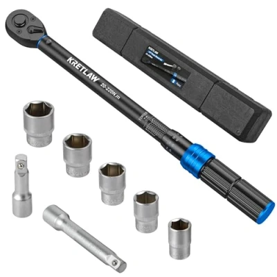 Image of KRETLAW Torque Wrench 8PCs, 1/2&quot; Set 20 220Nm ±3% Error Accuracy,with Lock and 72 Teeth, 3&quot;&amp; 5&quot; Extensions, 17 19 21 22 24mm Sockets for Car, Motorcycle,Truck