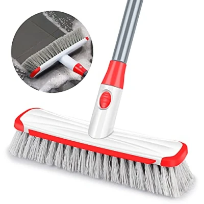 Image of Floor Brush Scrubbing Deck Push Broom Indoor Outdoor Yard Long Handle Adjustable, 2 in 1 Scrape and Stiff Bristle Cleaning for Bathroom Kitchen Tub Patio Tile Grout
