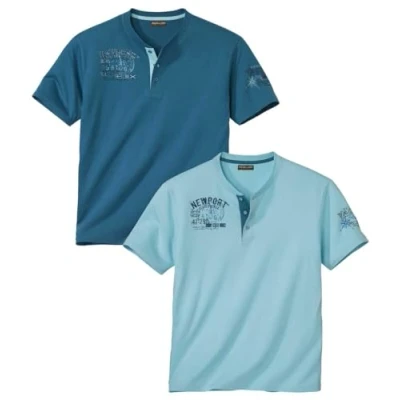 Image of ATLAS FOR MEN Pack of 2 Men&#039;s Button Neck T Shirts Turquoise Blue M