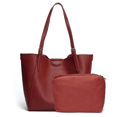 Image of David Jones Women&#039;s Shoulder Bag Soft Faux Leather Tote School Work Large A4 Long Handles Shopping Shopper 2 Pieces with Pencil Case, Red, One Size, Stylish