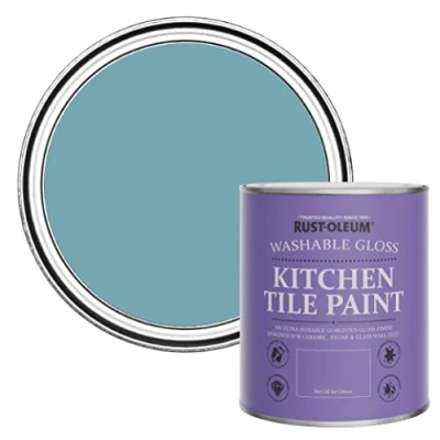 Image of Rust Oleum Blue Water Resistant Kitchen Tile Paint in Gloss Finish Belgrave 750ml