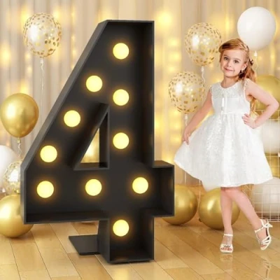 Image of Black Marquee Light Up Number 4, Letter LED Sign Pre cut Foam Glowing Mosaic Decor for Birthday Proposal Anniversary Wedding, 120CM/4FT