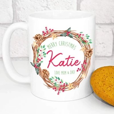 Image of Personalised Christmas Mug Custom Festive Design Add Your Own Name (Christmas Wreath)