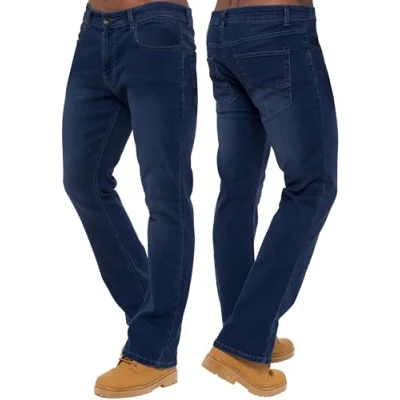 Image of 989Zé ENZO Mens Stretch Bootcut Jeans Casual Classic Retro Denim Wide Leg Flared Pants Trousers EZ401 MID Blue 40W / 30L