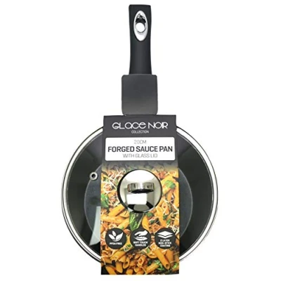 Image of Daewoo CKW2274 Glace Noir 20cm Forged Black Saucepan with Glass Lid and Ceramic Non Stick Coating, Suitable for Gas, Electric Induction Cooking, Sturdy Handle Chrome Insert, Aluminium