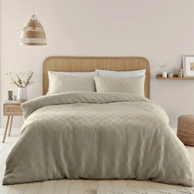 Image of Catherine Lansfield Waffle Checkerboard Single Duvet Cover Set Natural