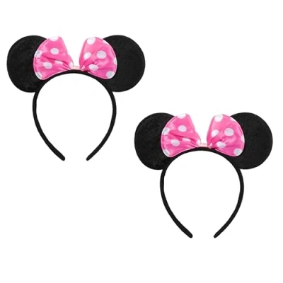 Image of SERENA&#039;S ® 2 PCS Cartoon Mouse Ears Headband Pink Polka Dot Bow Birthday Halloween, Party Accessories, Minnie for Adults/Children Fancy Dress Costume Head Band Accessory