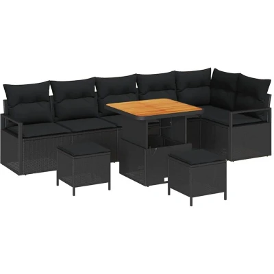 Image of vidaXL 9 Piece Garden Sofa Set with Cushions Black Poly Rattan Acacia