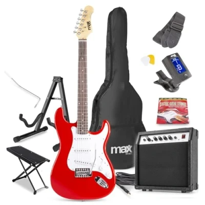 Image of Max GigKit Red Electric Guitar Starter Pack Complete Set for Beginners, Ideal Beginner Guitars, Includes Amp, Footstand &amp; Stand Aspiring Musicians