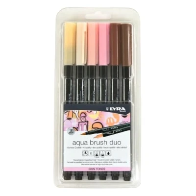 Image of LYRA Aqua Brush Duo, Fine Art Marker Set, Dual Tip, 6 Assorted Skin Tone Colours, Water Soluble Pens, Ideal for Professionals &amp; Students