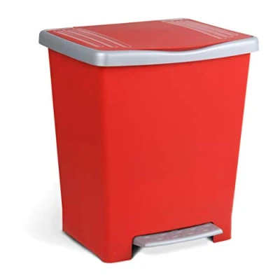 Image of TATAY pedal bin 23L capacity, red colour and grey frame, modern functional design. It has a frame to hold bags. Made of quality PP free BpA. Measures 33.5 x 30x39 cm