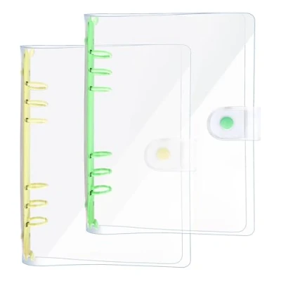 Image of DY.2ten Pack of 2 Transparent Soft PVC 6 Ring Binder Cover with Snap Button Closure for Hole Planner Pages Refill Insert (A5, Clear + Yellow/Green Binder)