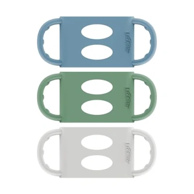 Image of Dr. Brown&#039;s Milestones 100% Silicone Baby Bottle Handles, Wide Neck, Removable Easy Grip Transitional Sippy Cup Light Blue, Green, Gray, 4m+, 3 Pack