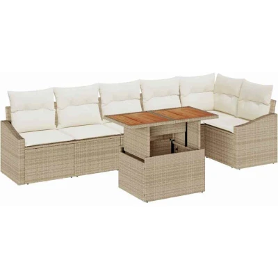 Image of vidaXL 7 Piece Garden Dining Set with Cushions Beige Poly Rattan Acacia