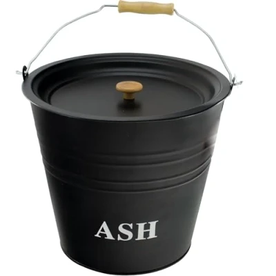 Image of Mantraraj 12L Ash Bucket With Lid Easy to Carry Wooden Handle Fireside for Hot Coal Logs Chunks Pellets Fireplaces Fire Pits Charcoal Bin Box Galvanised Black Indoor Outdoor