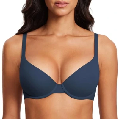 Image of DOBREVA Women&#039;s Push Up Bra Underwire Padded T Shirt Bras Full Coverage Plunge Sargasso 32AA