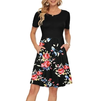 Image of AUSELILY Ladies Summer Short Sleeve Pleated Loose Swing Casual Dress with Pockets Knee Length Black Rose L