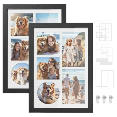 Image of SONGMICS Picture Frames with 6 Mats, Set of 2 Multi Photo Frames, Collage Frame, 4x6 or 4x4 photos, Non Trace Nails, 36.5 x 26 cm, Ash Black RPF024B02