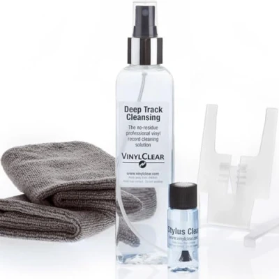 Image of Vinyl LP Record Cleaner Kit by Clear. 250ml Professional Quality Cleaning Fluid, Foldaway Drying Stand, 2 Microfibre Cloths, Stylus Fluid and Brush. Complete Maintenance Set.