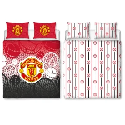 Image of Manchester United FC Character World Official Double Duvet Cover Set, Crest Design Red Reversible 2 Sided Football Bedding Merchandise Including Matching Pillow Cases