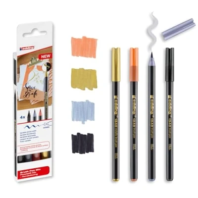 Image of edding 1340 brush pen set 4 pens gold metallic, black, grey, apricot flexible nib 1 6 mm for lettering and drawing high opacity even on darker paper