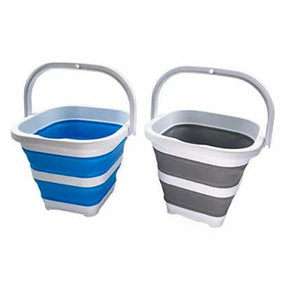 Image of SAMMART 5L Collapsible Rectangular Handy Basket/Bucket (Grey + Sky Blue (Set of 2))