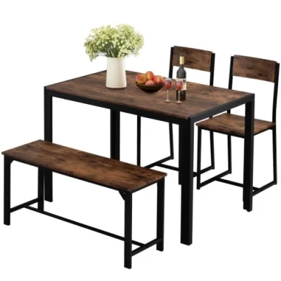 Image of Merax Dining Set 4, Wooden Steel Frame Industrial Style, Kitchen, Brown, 1 Table &amp; 2 Chairs Bench