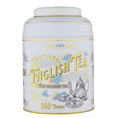 Image of New English Teas Vintage Victorian Tea Tin in White with 240 Breakfast Teabags