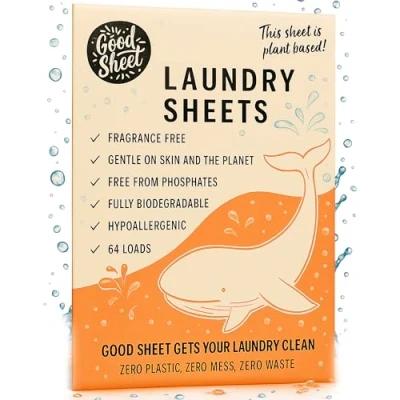 Image of Laundry Detergent Sheets 64 Loads Fragrance Free Plant Based Eco Plastic Travel Washing Detergent.