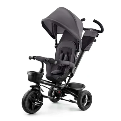 Image of Kinderkraft AVEO Trike from 9 Months to 5 Year, Tricycle with adjustable parent handle, for baby kids toddler, Foldable, Free Wheel Function, Protection Sun, Cupholder, Toy basket, Gray
