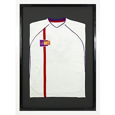 Image of Vivarti DIY Junior Standard Sports Shirt Display Frame for Football Shirt, Rugby Band Shadow Box 50 x 70cm Gloss White Frame, Black Inner Backing Card
