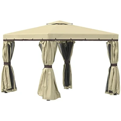 Image of Outsunny 3 x 3(m) Patio Gazebo Canopy Garden Pavilion Tent Shelter with 2 Tier Water Repellent Roof, Mosquito Netting and Curtains, Aluminium Frame, Beige