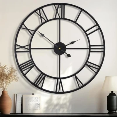 Image of HAITANG 80CM Large Wall Clock 30 Inches Oversized Modern Round Black Metal Nearly Silent Non ticking Battery Operated Roman Numerals Clocks for Living Room,Bedroom,Kitchen Decor