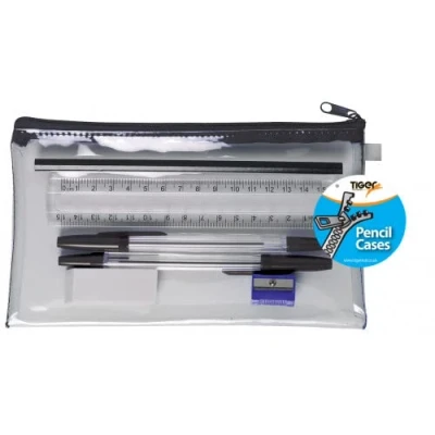 Image of Tiger school stationery pencil set with a clear plastic storage case