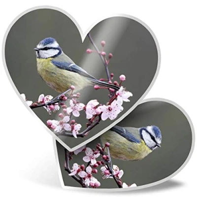 Image of 2 x Heart Stickers 7.5 cm Blue Tit Bird Cherry Blossom Tree Fun Decals for Laptops,Tablets,Luggage,Scrap Booking,Fridges, #15719