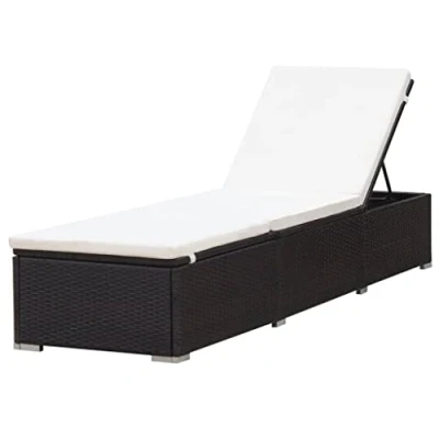 Image of vidlXL Adjustable Sun Lounger with Cream White Cushion Poly Rattan Brown Weather Resistant Outdoor Furniture Easy Assembly and Maintenance