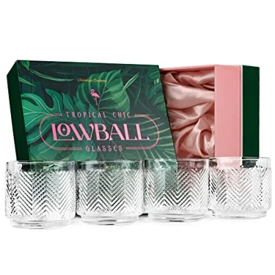 Image of GLASSIQUE CADEAU Vintage Flamingo Lowball Cocktail Glasses Set of 4 320 ml Stackable Thick Crystal Short Tumblers for Drinking Tropical Rum, Whiskey, Gin, Vodka Bar Drinks