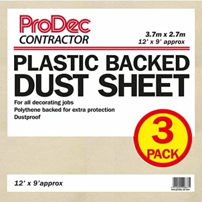Image of ProDec Contractor 3 pack 12ft x 9ft Poly Backed Dust Sheet Drop Cloth For Painting Decorating Covering Stairs, Hallways, Corridors and Floors, Absorbs Spills, No Soak Through, Reusable