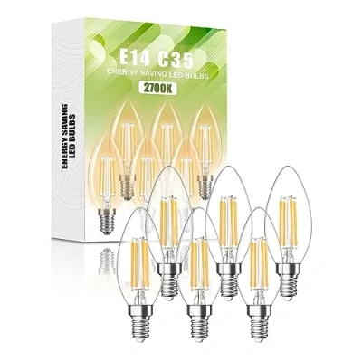Image of E14 LED Light Bulb, 4W Bulb Warm White 2700K, 40W Equivalent Small Edison Screw Candle Energy Saving SES CRI 80 Clear Non dimmable, 6 Packs