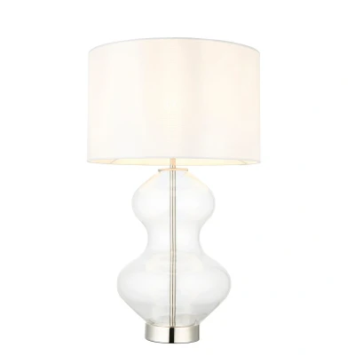 Image of Kelda Shaped Table Lamp With Round Shade Bright Nickel Plate, Clear Glass Vintage White Fabric, 1x E27