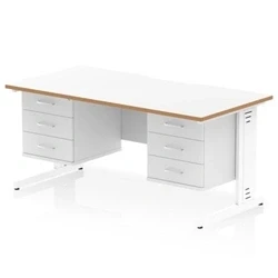 Image of Oslo 1600 x 800mm Edge Office Desk White Top Natural Wood Cable Managed Leg Workstation 2 3 Drawer Fixed Pedestal